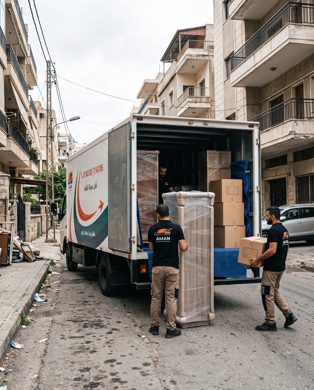 AMAN crew loading a wrapped piece onto the truck