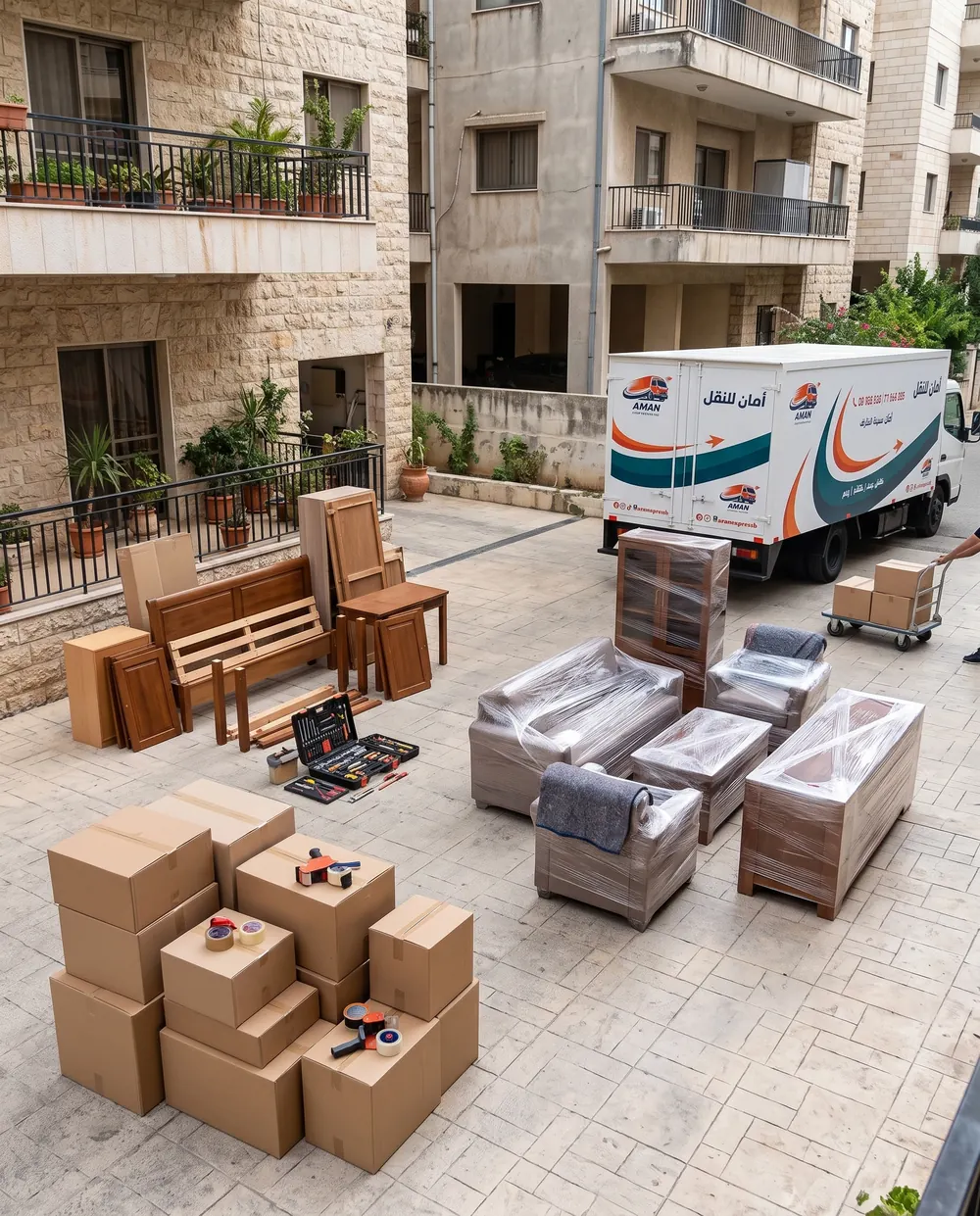 Wrapped furniture and boxes ready to move