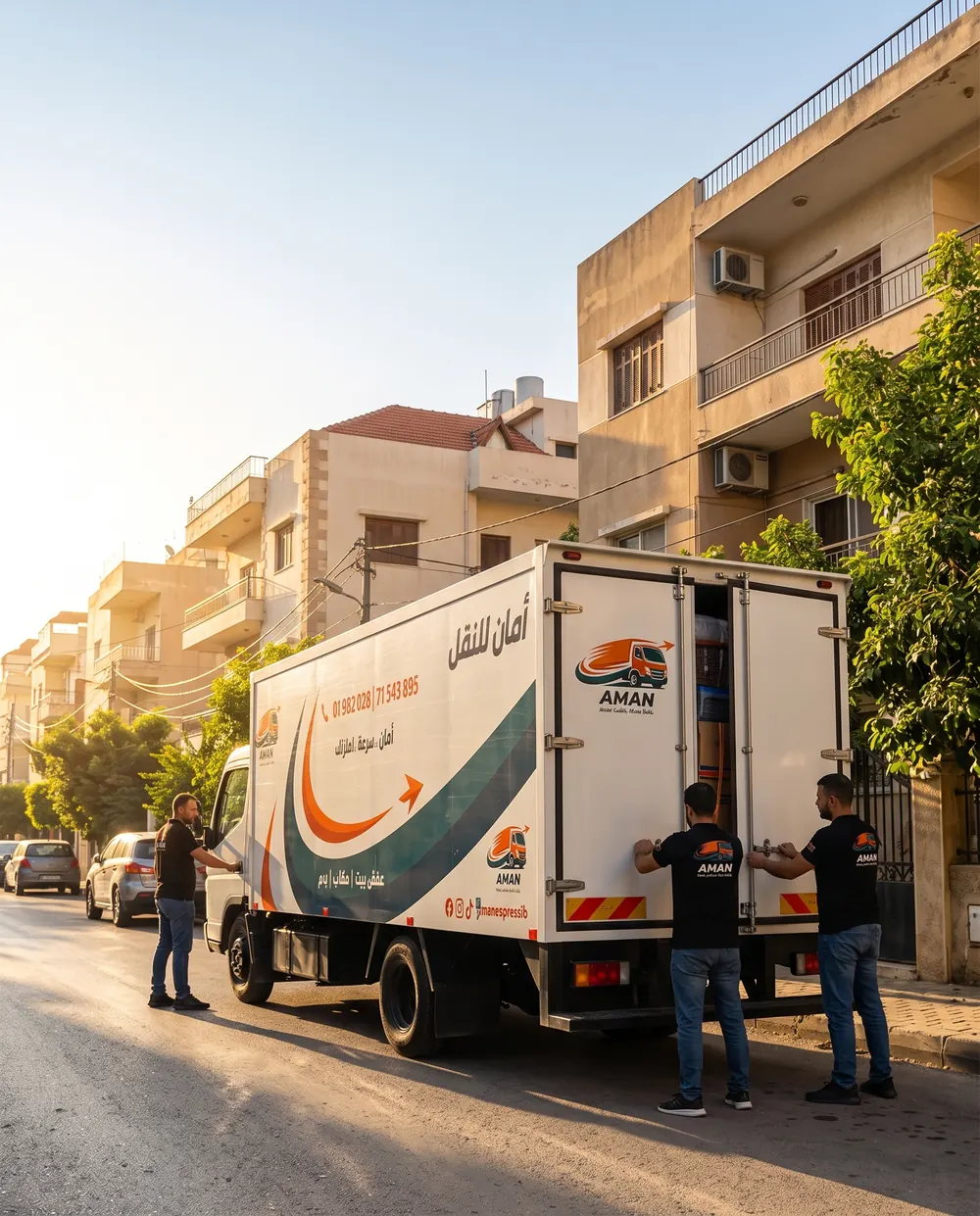 AMAN crew loading an AMAN truck on a residential street in Lebanon