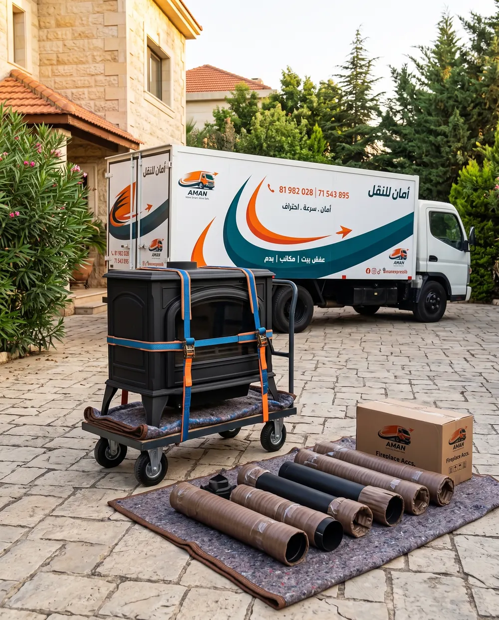 A heavy item strapped on a dolly, with rolled carpets