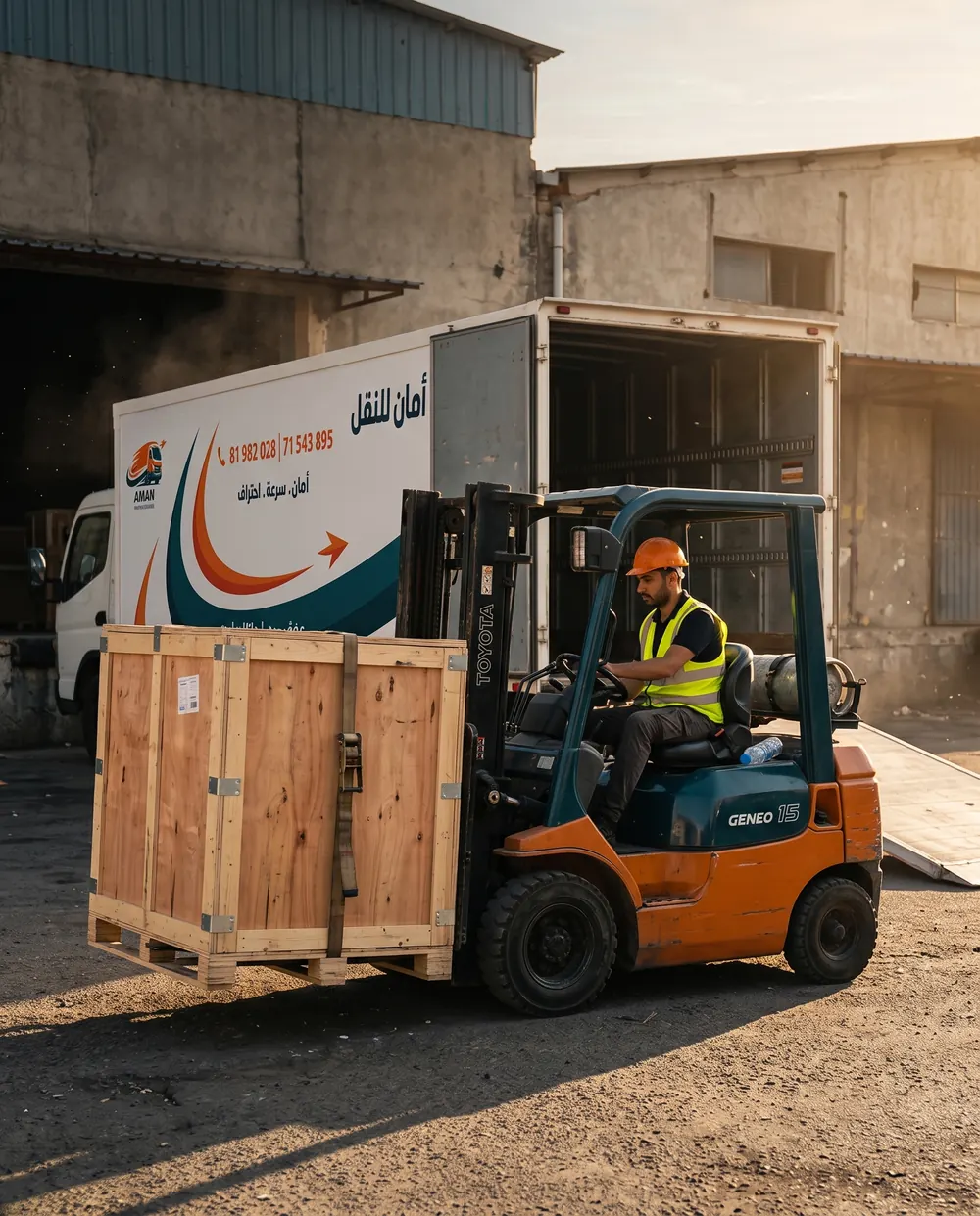 Forklift lifting a heavy crate beside an AMAN truck