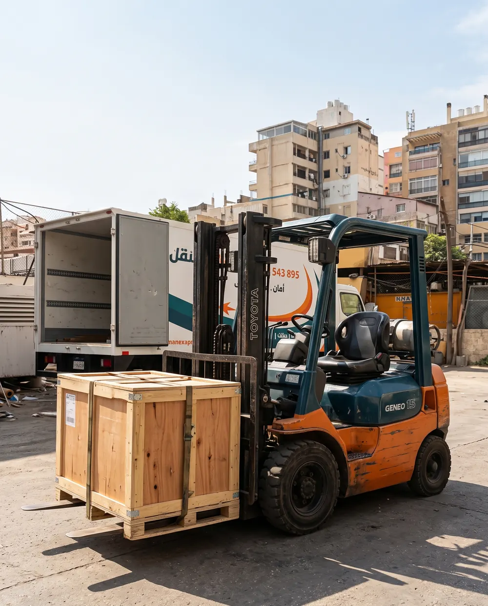 Forklift lifting a wooden crate beside an AMAN truck