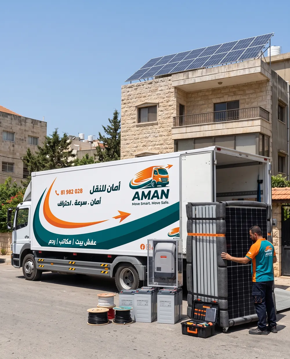 Loading a heavy equipment cabinet onto an AMAN truck