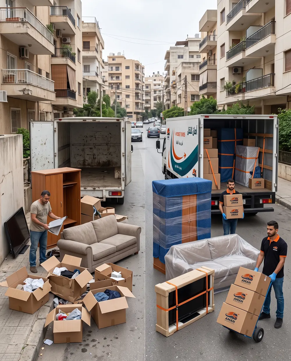 AMAN trucks with boxes and a sofa outside apartment buildings