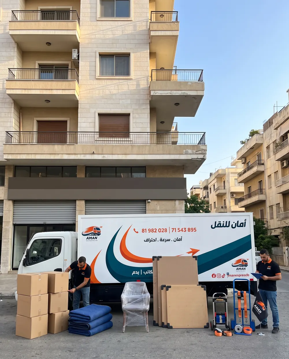 Boxes, blankets and dollies ready to load beside an AMAN truck