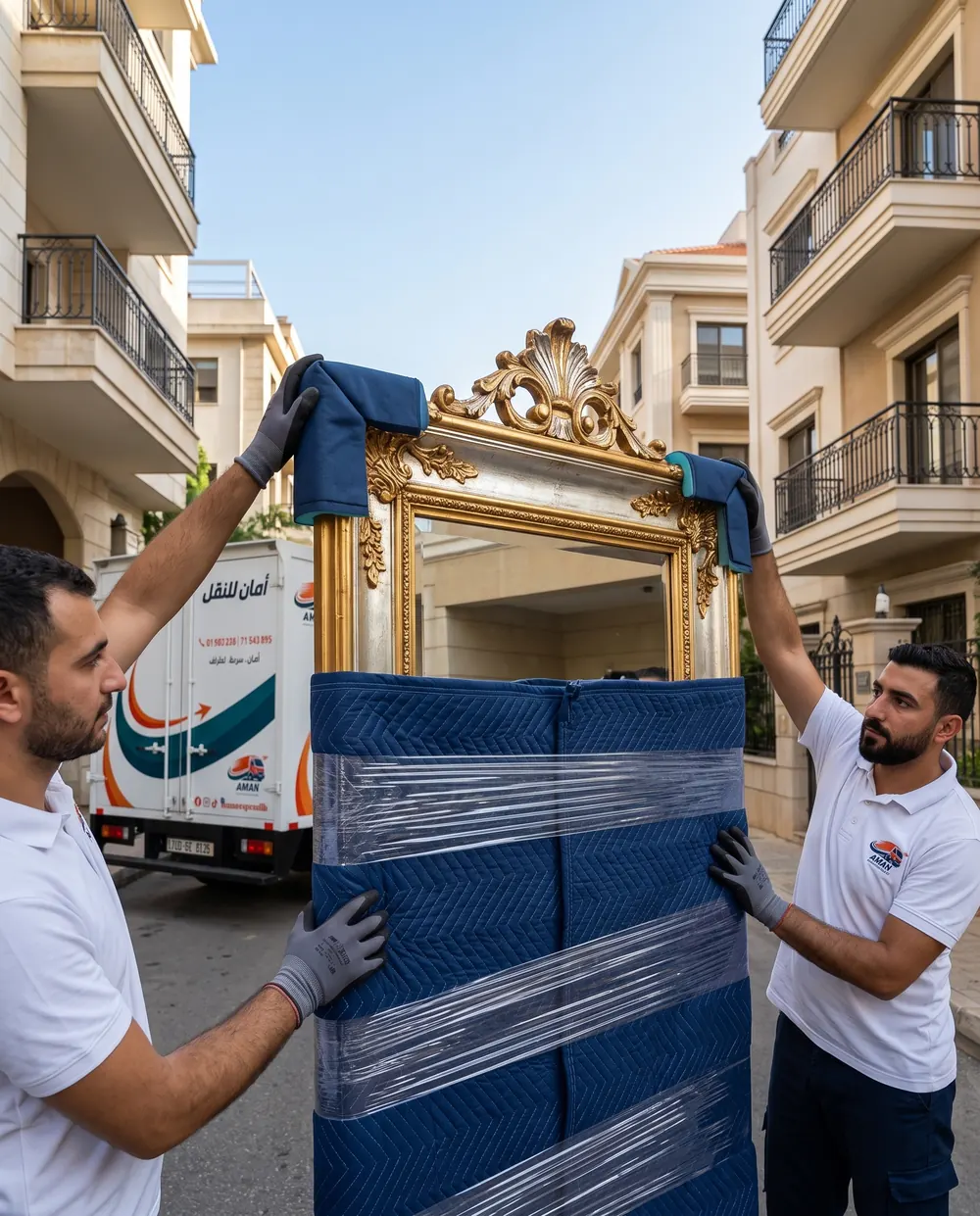 AMAN crew wrapping a mirror in protective blankets