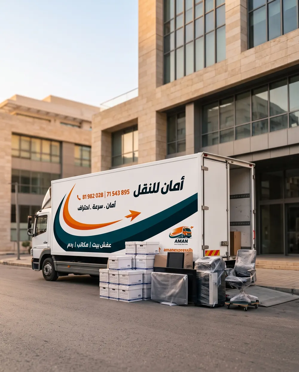 AMAN truck outside an office building with wrapped furniture and equipment