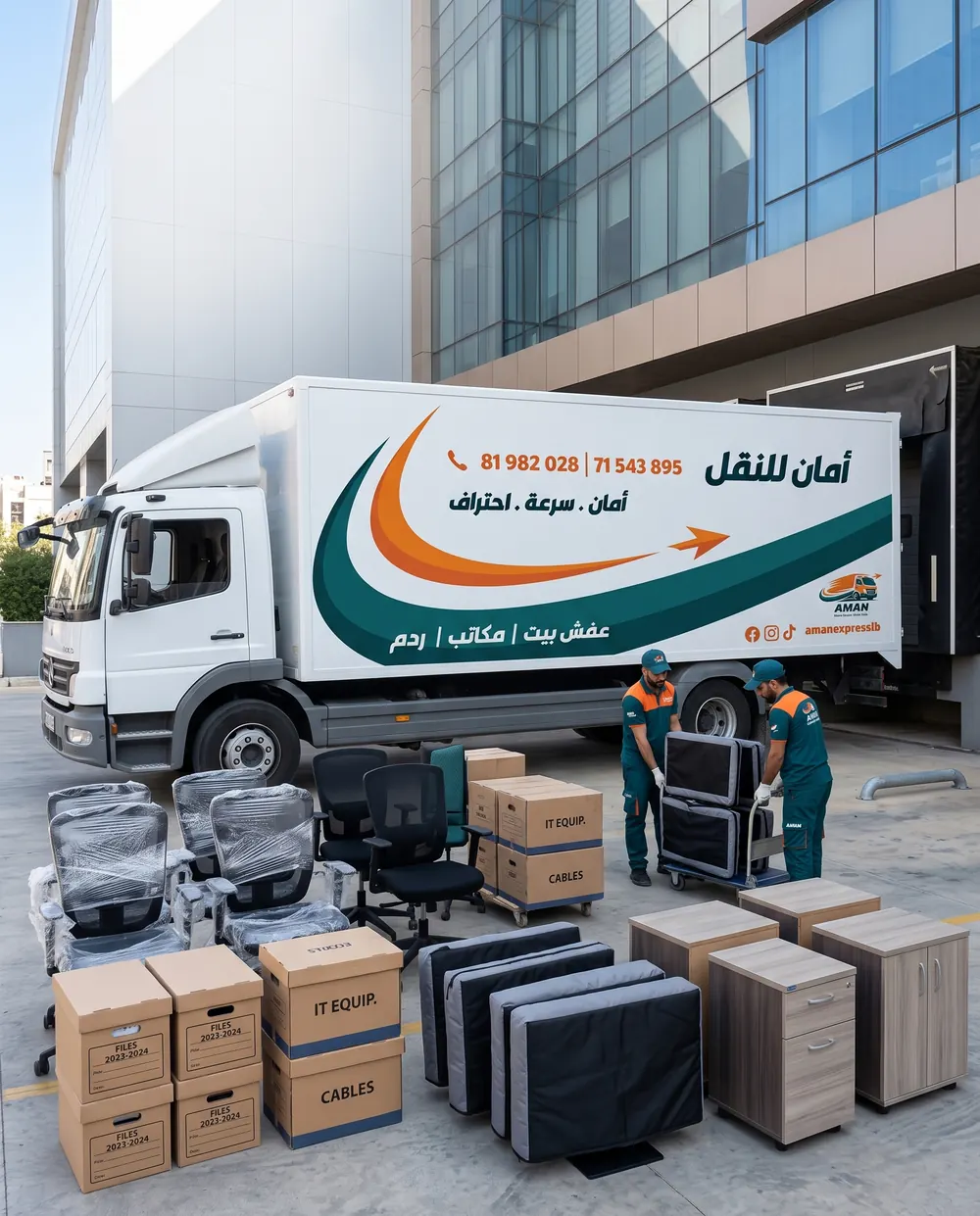 AMAN crew moving office chairs and equipment outside an office tower