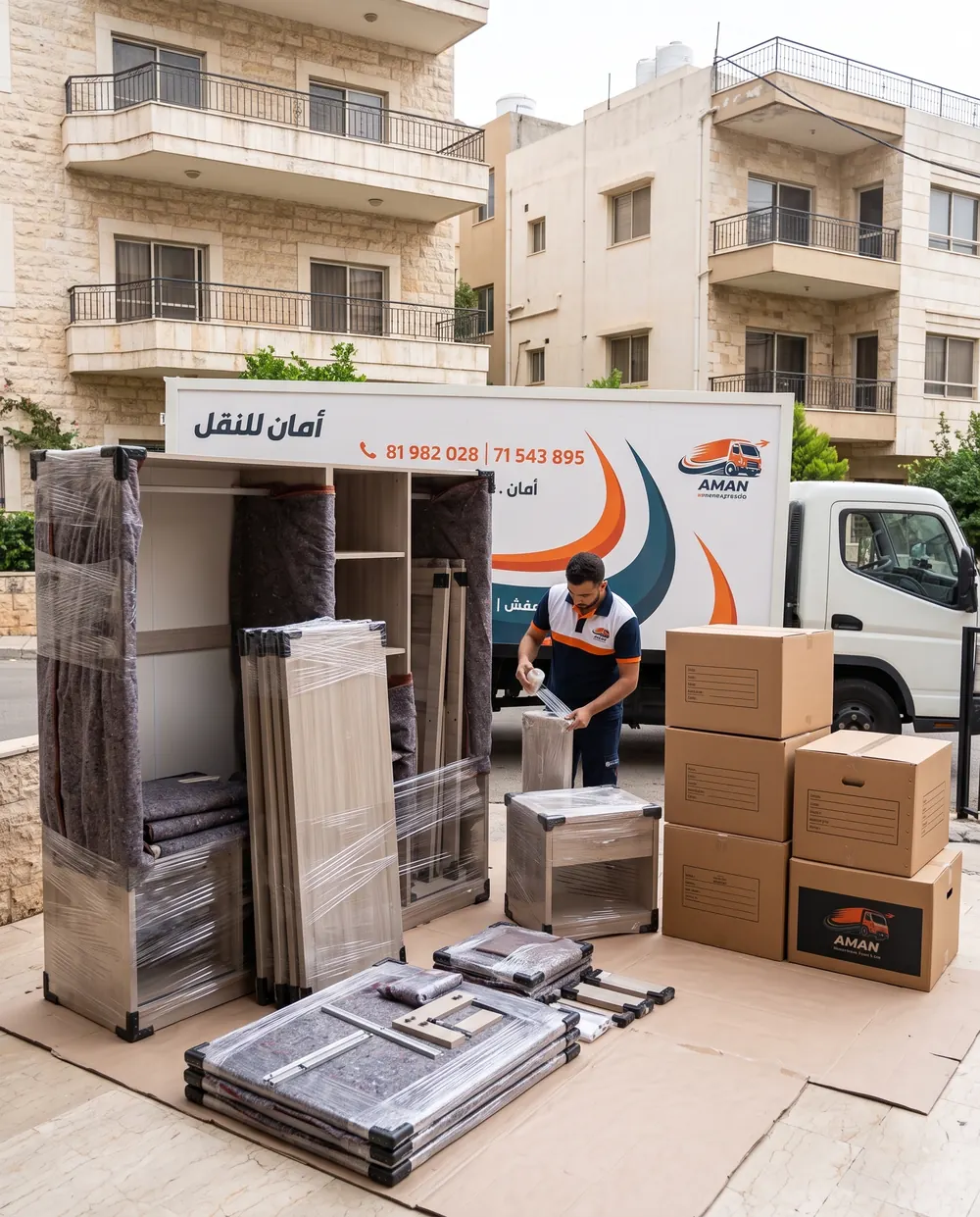 AMAN crew packing dismantled wardrobe panels