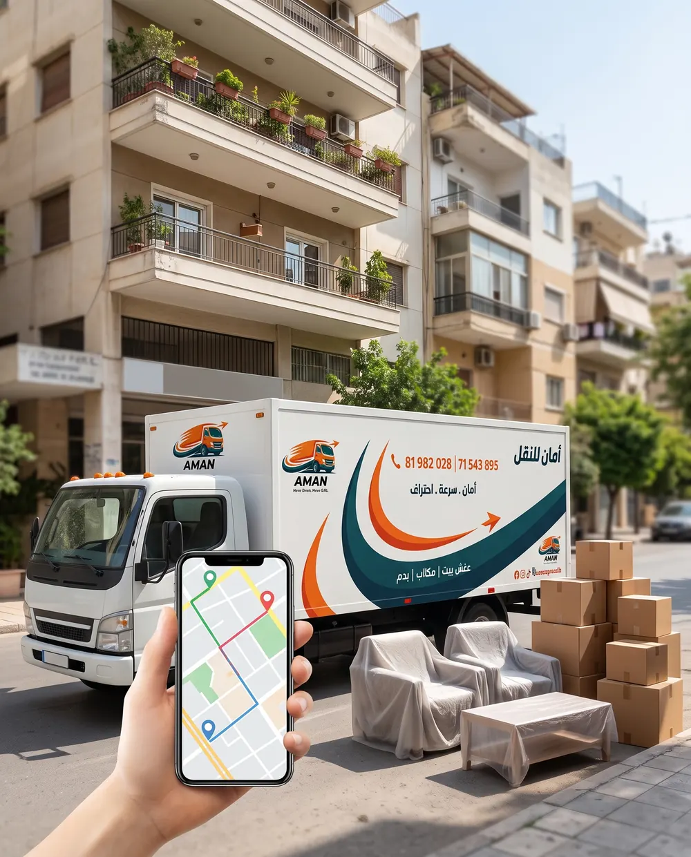 Phone showing the route, with an AMAN truck behind