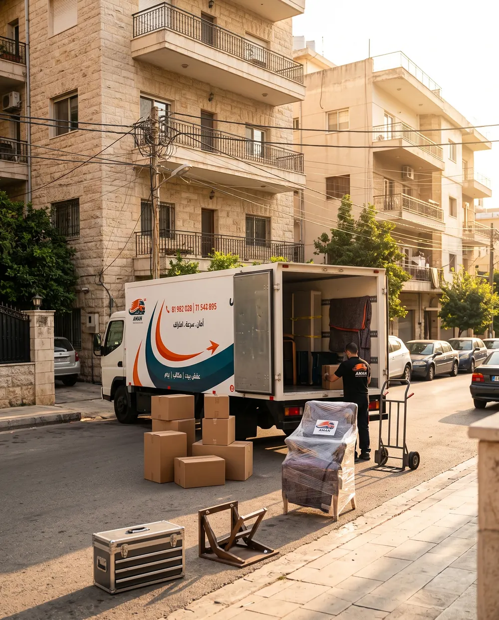 Boxes, a wrapped chair and a dolly beside an AMAN truck