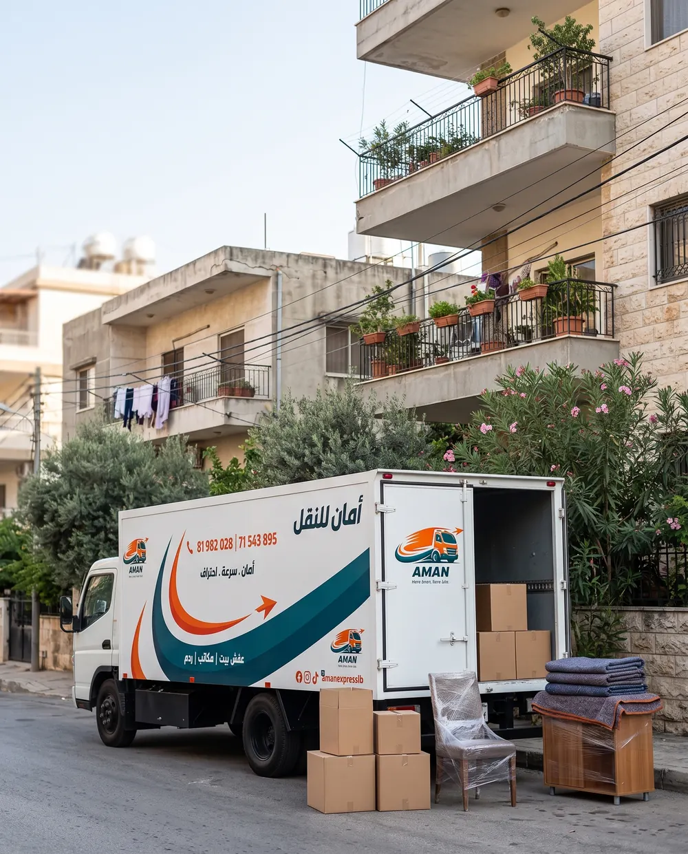 شاحنة أمان قدام بناية سكنية