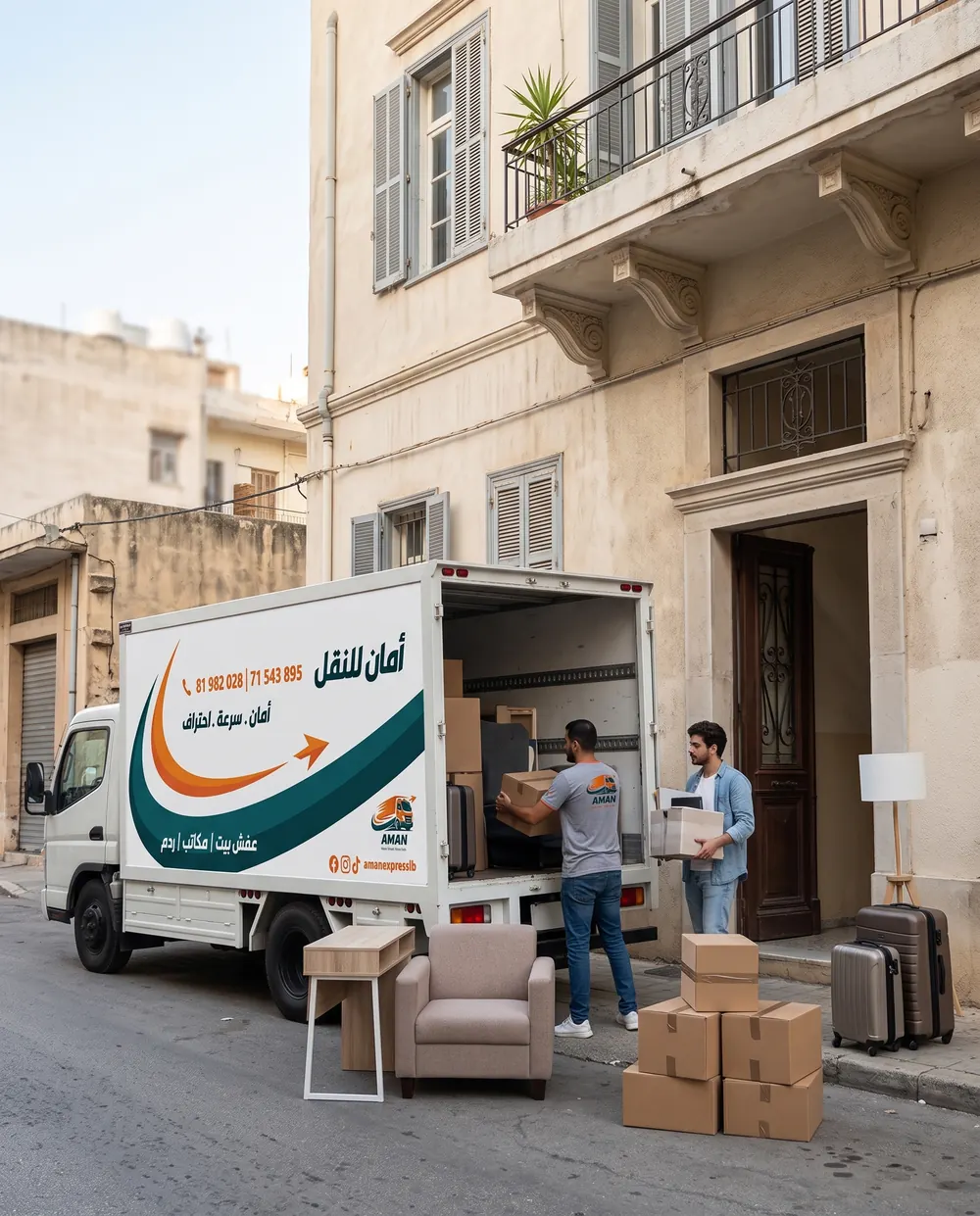 Unloading boxes and an armchair at a building entrance